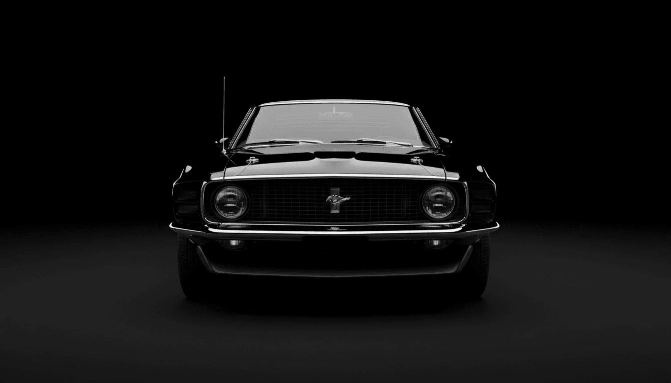 Front view of a classic black Mustang with chrome grille against a black background